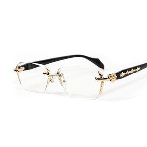 Clear Lens Gold Frame Retro Gothic Cross Style Edge Cut Rimless Eye Glasses